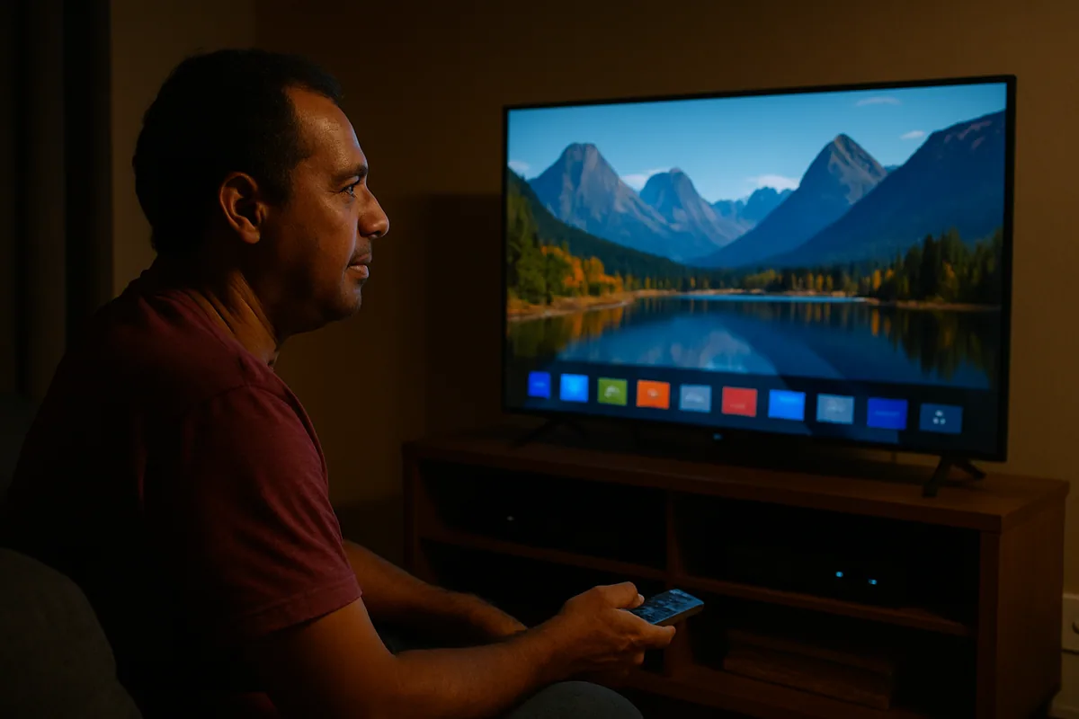 Televisão agora exibindo a mesma paisagem com cores firmes e contraste, com a luz da sala reduzida.