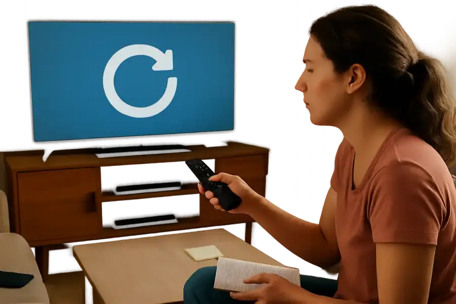 Televisão mostrando um ícone de seta circular de reinício, grande e centralizado.