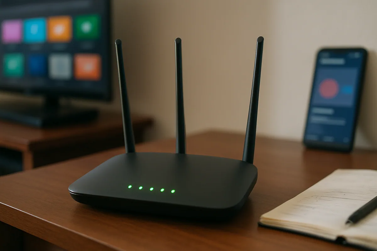 Roteador com as antenas levantadas e as luzes acesas, sobre um móvel de madeira.