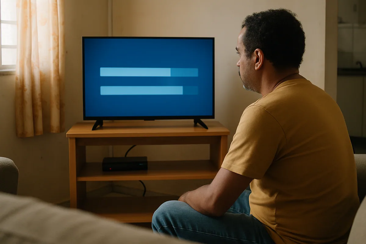 Tela de TV mostrando duas linhas de sinal com intensidades diferentes, uma delas destacada.