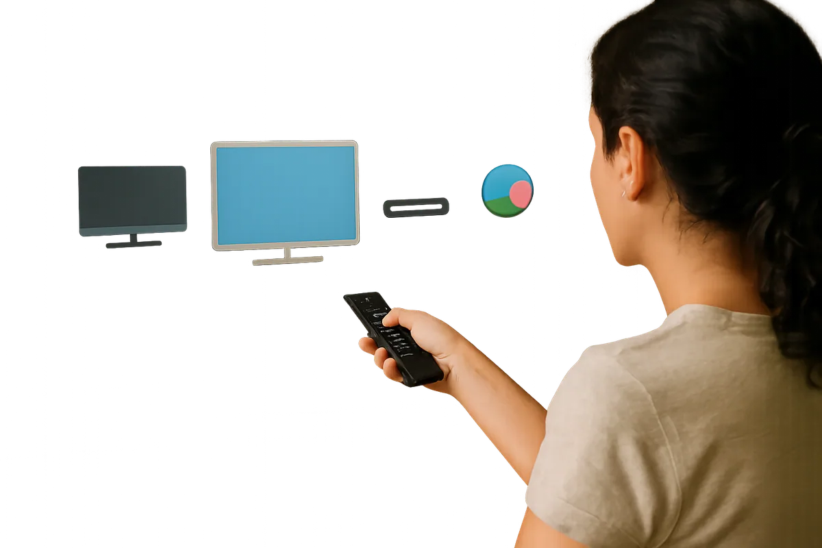 Tela de TV mostrando uma lista de dispositivos representada por blocos, com um sendo selecionado.