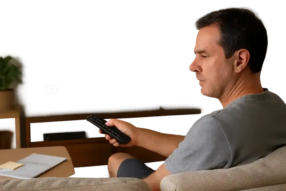Televisão acesa mostrando uma tela azul uniforme com um ícone de entrada de vídeo no canto.