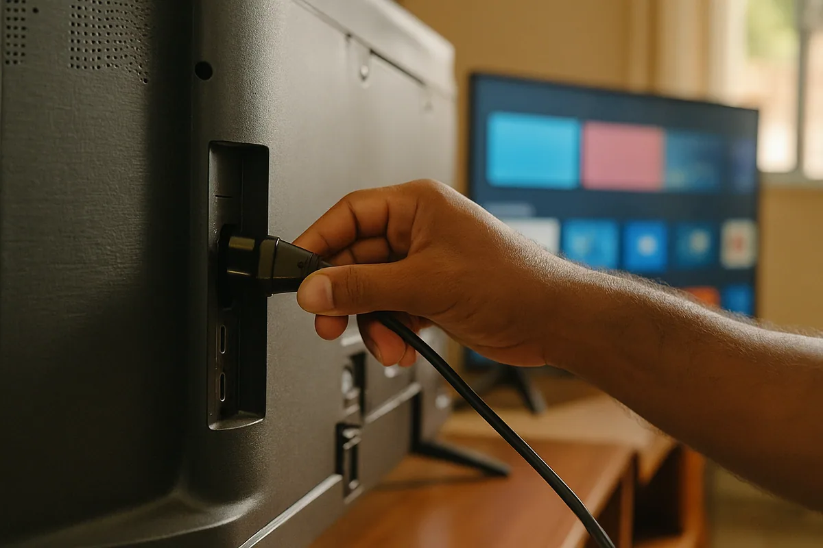 Cabo de energia sendo desconectado da parte de trás da televisão.