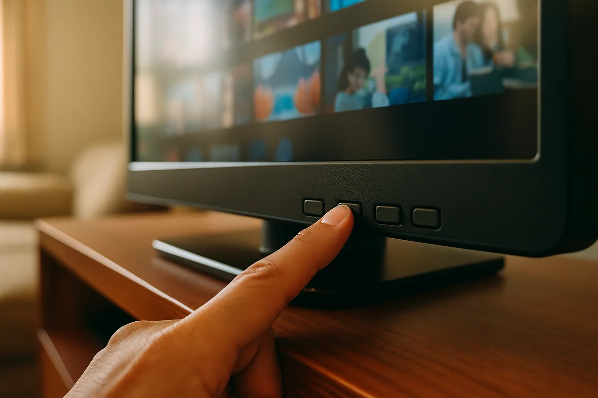 Botões físicos embaixo da moldura da televisão, com um dedo sobre o do meio.