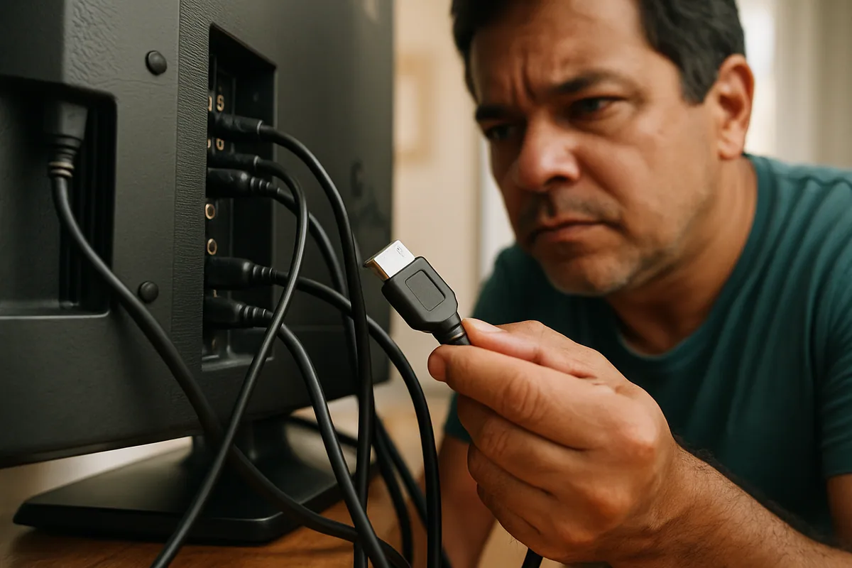 Traseira da televisão com vários cabos, um deles pela metade fora da entrada.