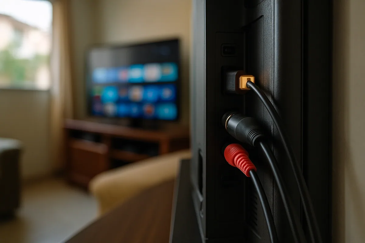 Traseira da TV com um cabo óptico e um cabo de áudio lado a lado.
