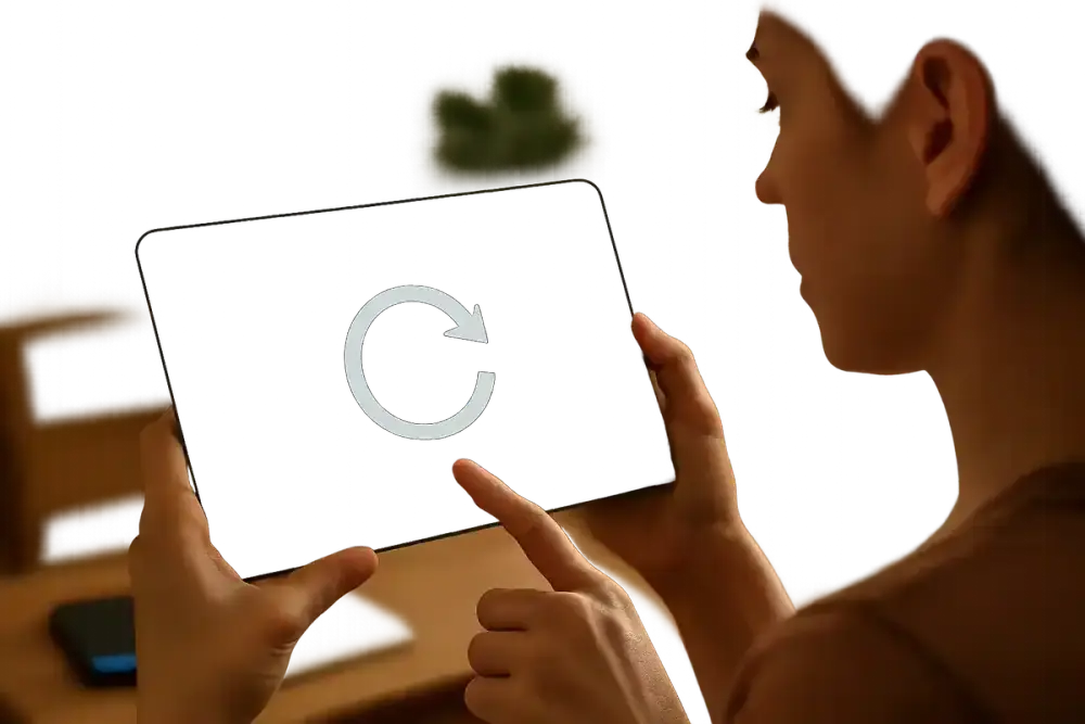 Tela mostrando um ícone de seta circular de reinício, centralizado sobre fundo escuro.
