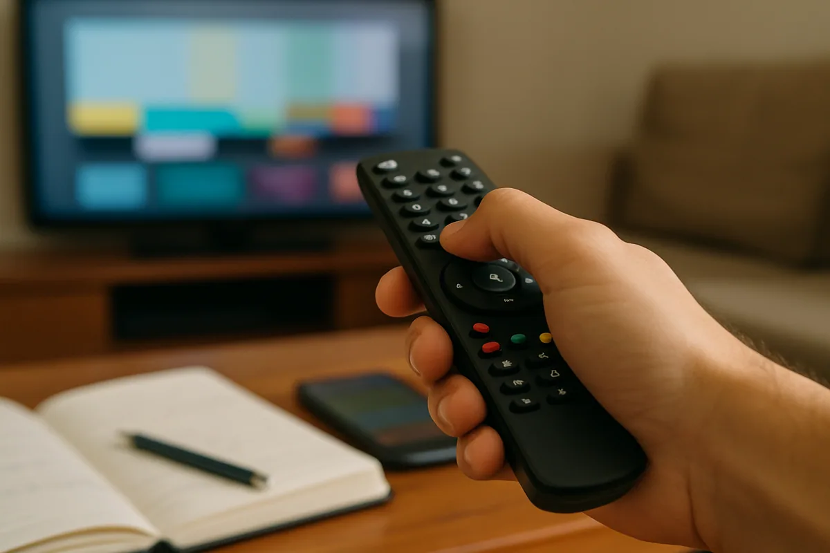 Controle remoto apontado, com o polegar sobre o botão de menu.