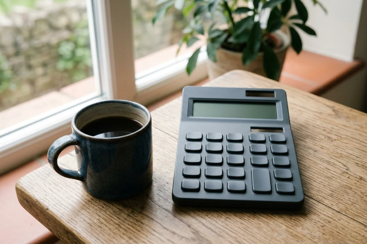 Calculadora e caneca de café sobre mesa de madeira perto da janela