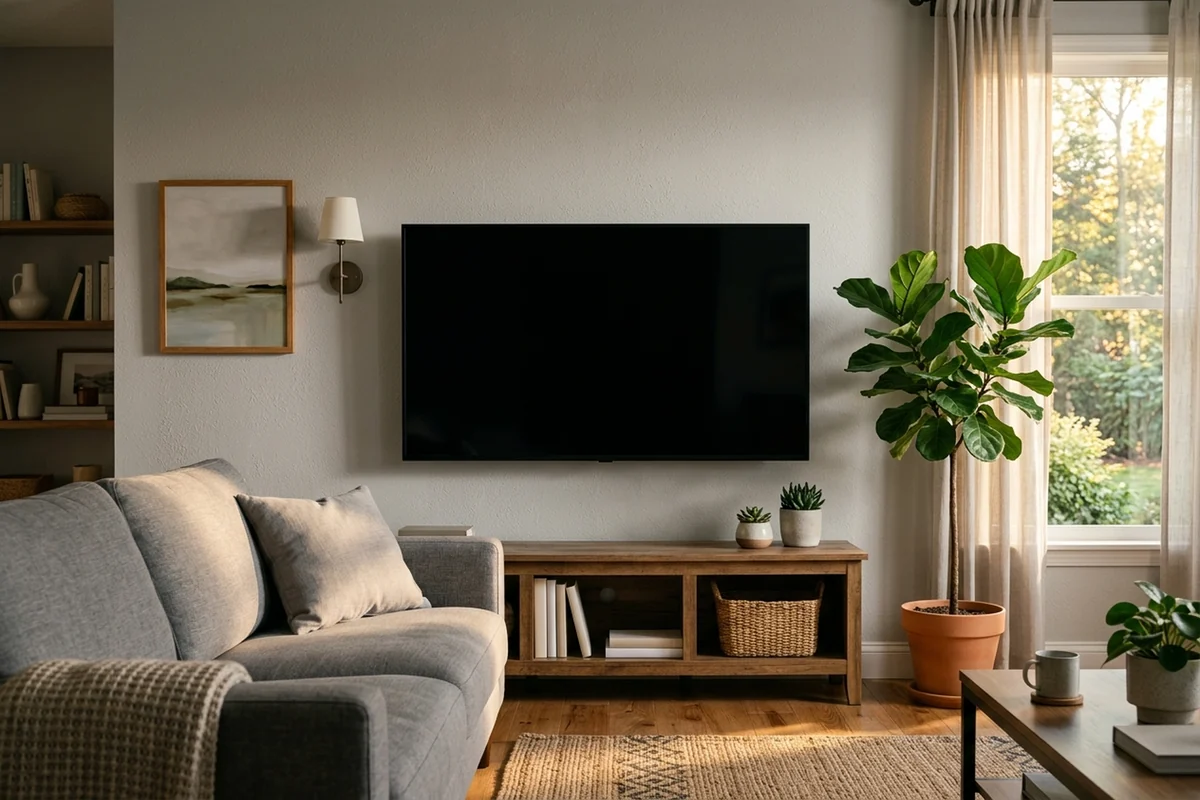 Sala de estar com sofá cinza e televisão desligada presa na parede