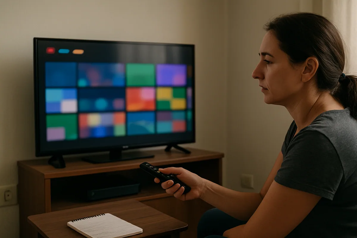 Televisão ligada mostrando uma grade de conteúdo em blocos, numa sala pequena e simples.