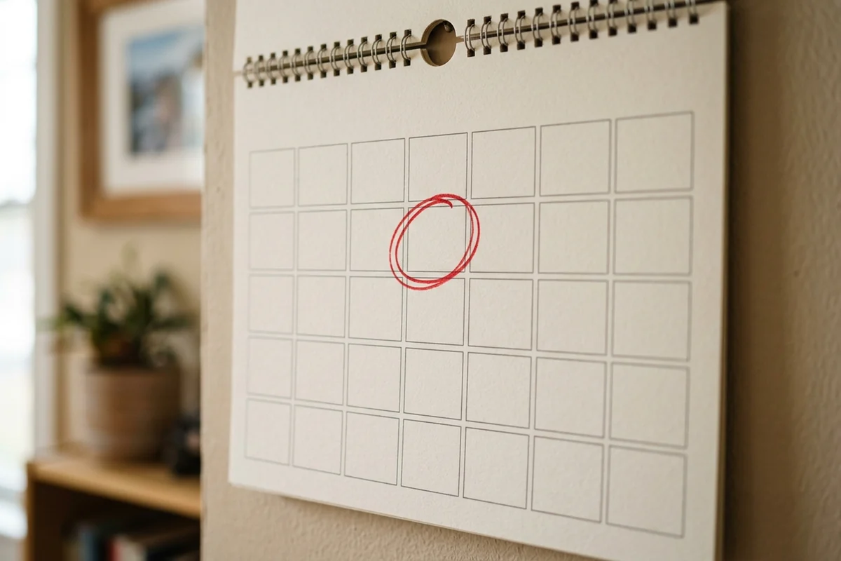 Calendário de parede com uma data circulada em vermelho
