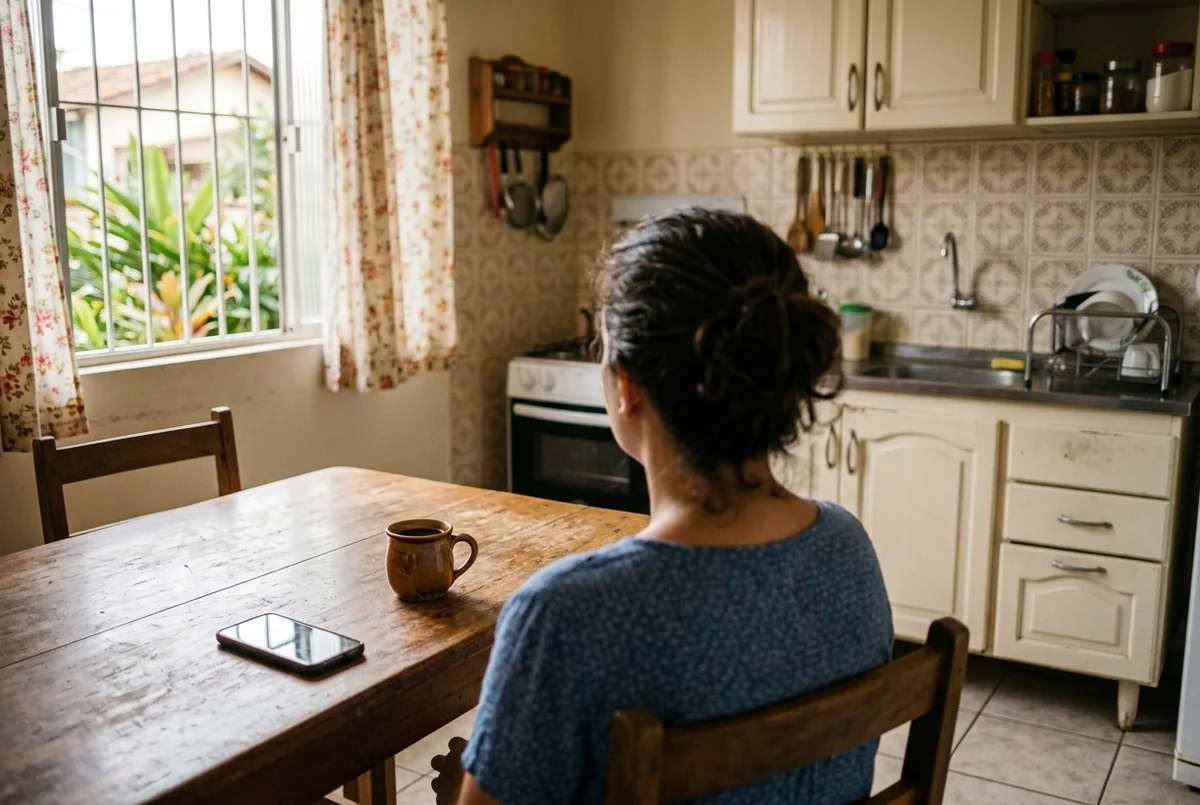 Pessoa vista de costas na cozinha com celular de tela apagada e café sobre a mesa
