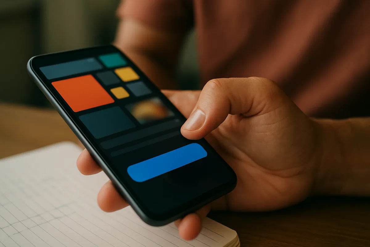 Close numa mão deslizando um botão de assinatura na tela de um celular, interface em blocos sem letras.