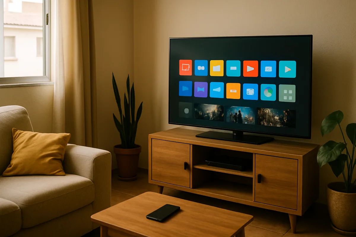 Sala de estar com a TV mostrando uma grade de aplicativos e ninguém em volta — liberdade de escolha.