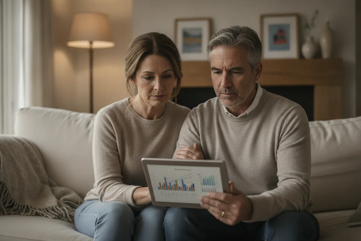 Casal sentado no sofá consultando um tablet.