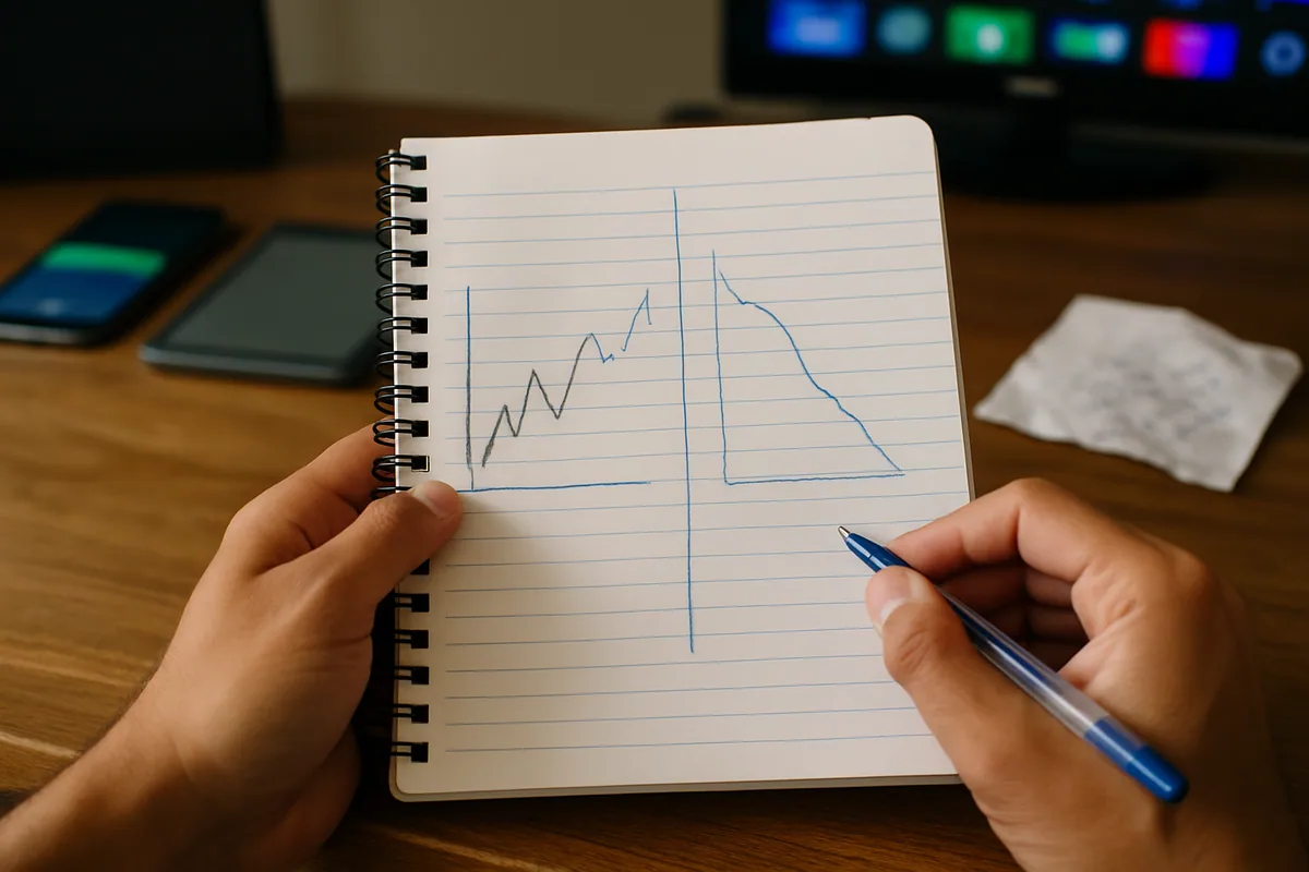 Close num caderno com duas colunas desenhadas à mão e riscos comparativos, sem números legíveis.