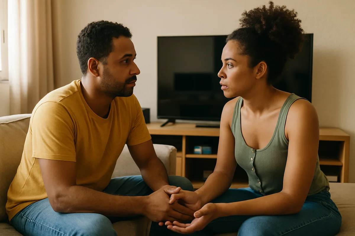Casal no sofá conversando de frente um para o outro, com a TV desligada ao fundo — a hora da decisão.