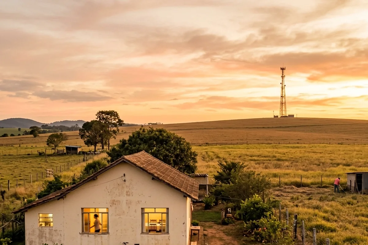 Casa no campo ao entardecer, com uma torre de comunicação ao longe.