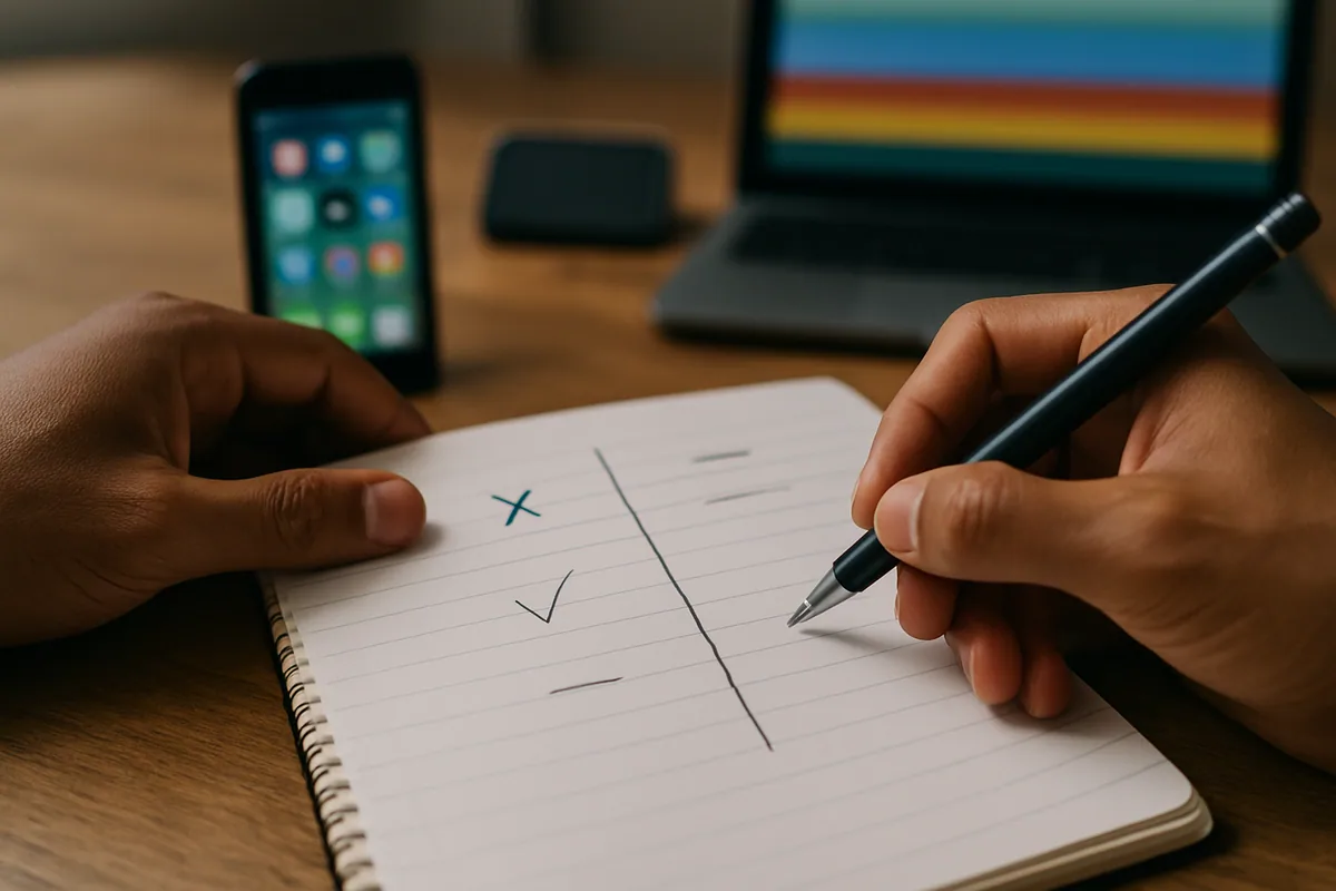 Close num caderno com uma linha vertical dividindo a página em prós e contras, marcados só com traços.