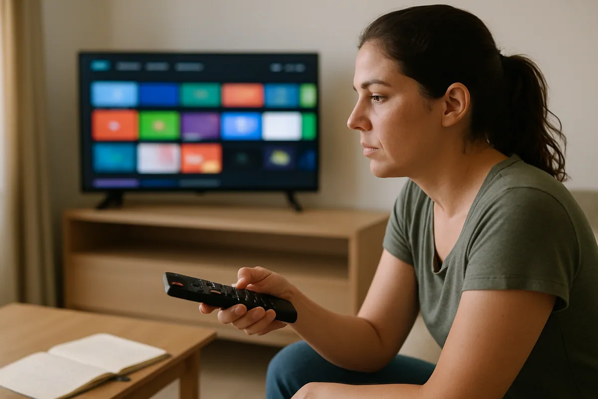 Sala organizada com a TV acesa mostrando uma grade de blocos e o rack agora vazio.