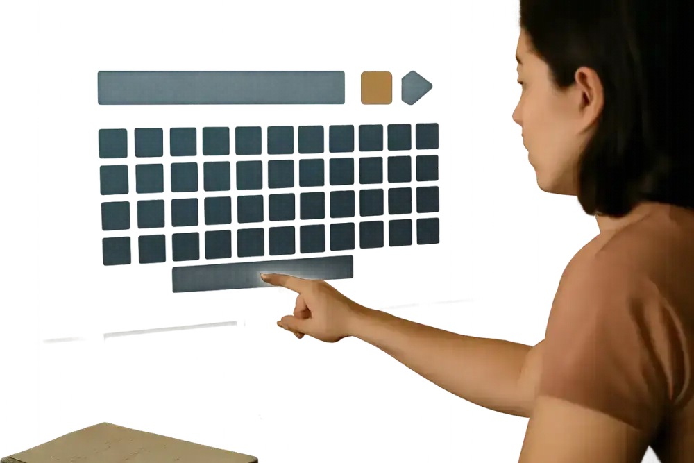 Close num teclado virtual na tela da TV, representado apenas por quadradinhos.