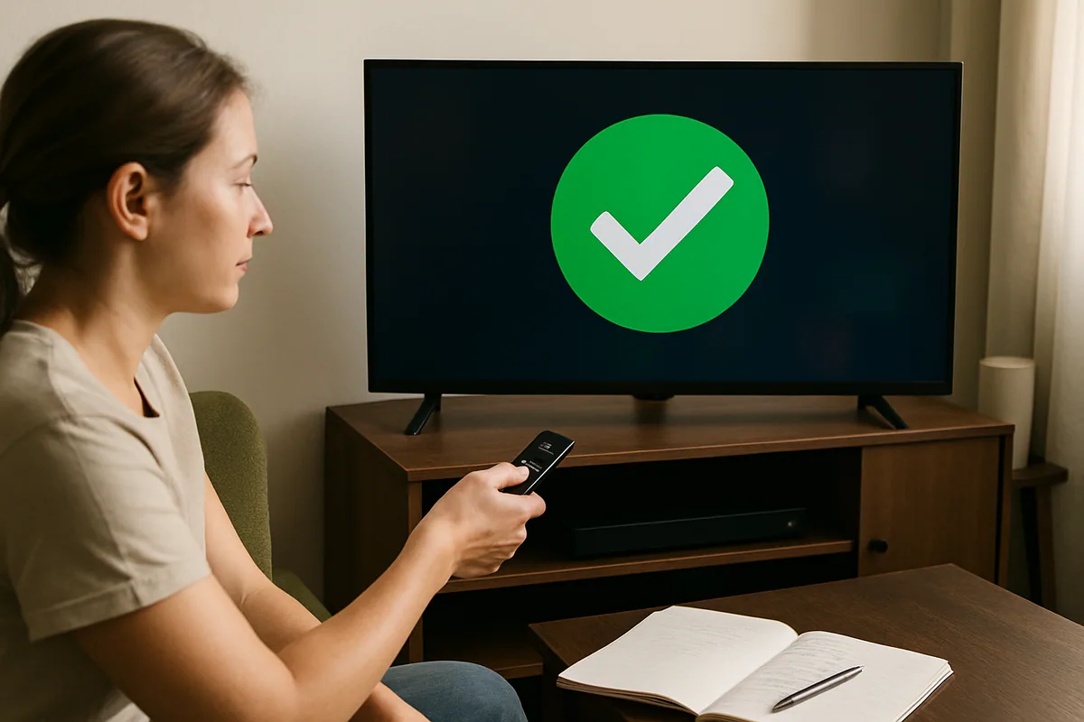 Televisão mostrando um ícone de visto verde grande, confirmando a configuração.