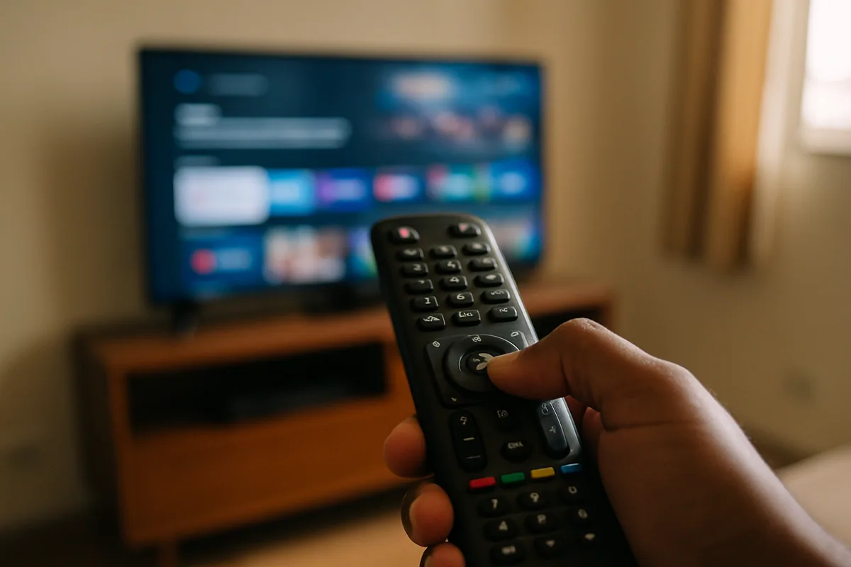 Controle remoto com o polegar sobre o botão de confirmar, apontado para a TV desfocada ao fundo.